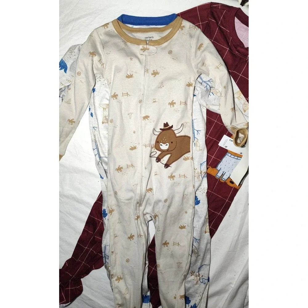 Carter's 5T Boys Footed Pajama Sleeper Lot 3pc Bull Bear Forest Cotton Polyester